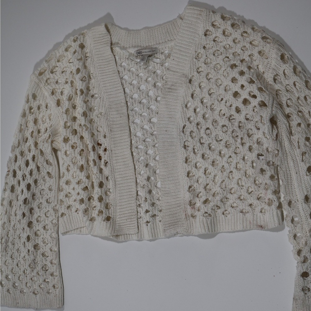 Cato Cardigan Sweater Open Knit Crochet White Large Excellent